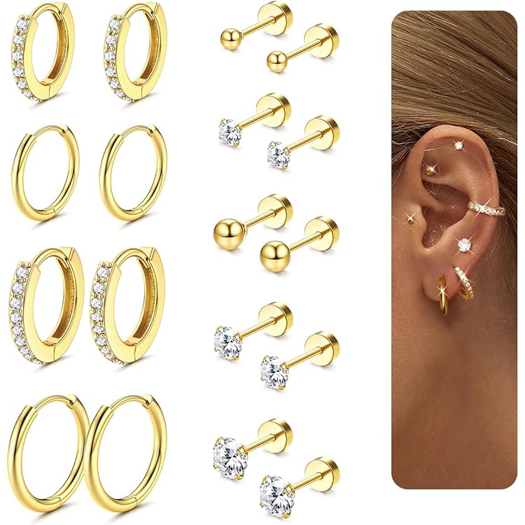 5 Paar Titan Ohrringe 14K Gold Optik - Hypoallergen Für Mehrere Ohrlöcher