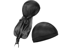 Syhood 2 Pcs Black Durag Cap Silky Wave Cap for Men Tail Silk Elastic Headwraps Strap Silky Durags for Men
