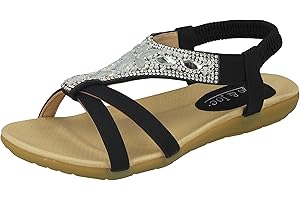Jo & Joe Ladies Faux Leather Open Toe Sling Back T-Bar Diamante Gem Stone Flat Gladiator Summer Sandals Size 3-8