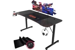 Devoko Bureau Gaming 160 x 60cm, Grande Surface de Table Gaming Ergonomique,Stable Bureau Gamer en Forme de T avec Rangement pour Câbles, Crochet pour Casque, Porte-Gobelet et Tapis de Souris