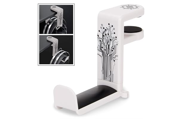 ENHANCE Support Crochet pour Casques de Jeu ou de Musique avec Bras Pivotant à 360 Degrés, Pince de Fixation Format Universel pour Table et Bureau avec Rangement pour Câble Intégré - Blanc