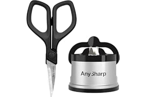 AnySharp Affilacoltelli PowerGrip Professionale, Affila Coltelli da Cucina, Acciaio Temprato, Chef, Mini Forbici Alta Qualità Inclusi, Pacchetto Argento, ABS Carburo