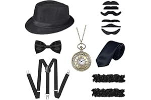 YADODO Gatsby Accessories Men 1920s Accessories for Women Reverse Role Playing 1920s Mens Costume Gangster Accessories Roaring with Pocket Watch/Fake Moustache/Fedora Hat for Men Halloween Christmas