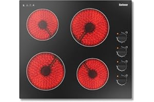 Karinear Piano Cottura Vetroceramica 4 Fuochi, 6000W Piano Cottura Elettrico 60cm con Manopola, Piani Cottura Elettronica Nero, Spegnimento Automatico, Vetro Cristallo