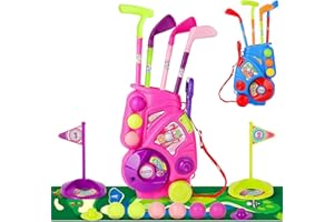 deAO Kids Golf Clubs Set, Portable Toddler Golf Set with 4 Clubs, 6 Balls, 2 Holes, 2 Flags, Indoor Outdoor Garden Toys Golf Set for Boys Girls 3 4 5 6 7 8 Years (Pink)