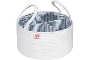 AUNHUIT Large Baby Diaper Caddy Organizer Woven Cotton Rope Basket Round Nursery Storage Bin Portable Changing Basket/Car Travel Tote Bag Removable Inserts Newborn Registry Boy Girl Shower Basket