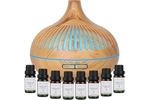 Difusor de Aceites Esenciales 500ML, GeeRic 8 * 10ML Aceites Esenciales + Humidificador Ultrasónico Purificador de Aire Difusor de Aroma Aceites Perfumados Nebulizador LED de 7 Colores para Yoga
