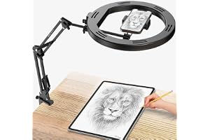 BROLAVIYA No shadow Overhead Video Mobile Stand with Extra long Metal Arm,12inch Large Selfie Ring light,2 way base clamp 1/4" adaptor For Camera, GoPro and Mobile Bracket for Desktop, Bedroom, Office