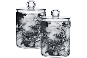 JUMBEAR 2 Pack Qtip Holder Organizer Dispenser Black Grey Textured Marble Bathroom Storage Canister Cotton Ball Holder Bathroom Containers for Cotton Swabs/Pads/Floss