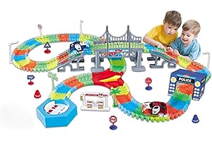COOLSTUFFX Police Car Luminous Tracks, 235 pieces of Glow in the Dark tracks, with 1 hanging bridge, auto U-turn station, 2-way direction switcher. 2 LED light up cars