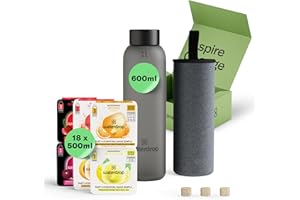 WATERDROP MICRODRINK waterdrop® Flasche aus Glas 600ml inkl. 18 zuckerfreie Drops - Geschenk für Frauen - Probierpaket mit Wasserflasche, Flavor Drops & Vitaminen - auslaufsichere Trinkflasche & Kohlensäure geeignet
