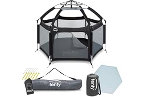 tenty Baby Pop-Up Laufgitter Set für drinnen und draußen - 150 x 100 cm - mobiler Laufstall mit Tragetasche, UV-Dach und Bodenmatte - für zuhause, Reisen, Camping (Schwarz/Blau)