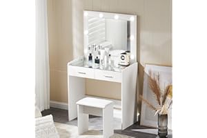 LEMROE Tavolo da toeletta con specchio e sgabello imbottito, Tavolo da trucco con illuminazione regolabile, Tavolo da trucco con cassetti a LED (DR-0454)