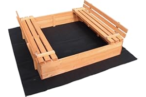 Wiltec Bac à Sable – 980 x 980 x 200 mm – en Bois d’épicéa – avec Couvercle Repliable, 2 Bancs intégrés, Sol Non-tissé – Jeux extérieur Enfants