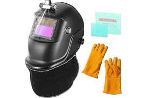 BOSYTRO Maschera per Saldatura con Luce,Casco Sald Oscur Auto, Alim solare,con 2 pellicole protettive + guanti da saldatura + Copertura protettiva per il collo,tonalità regolabile 9-13 per TIG/MIG
