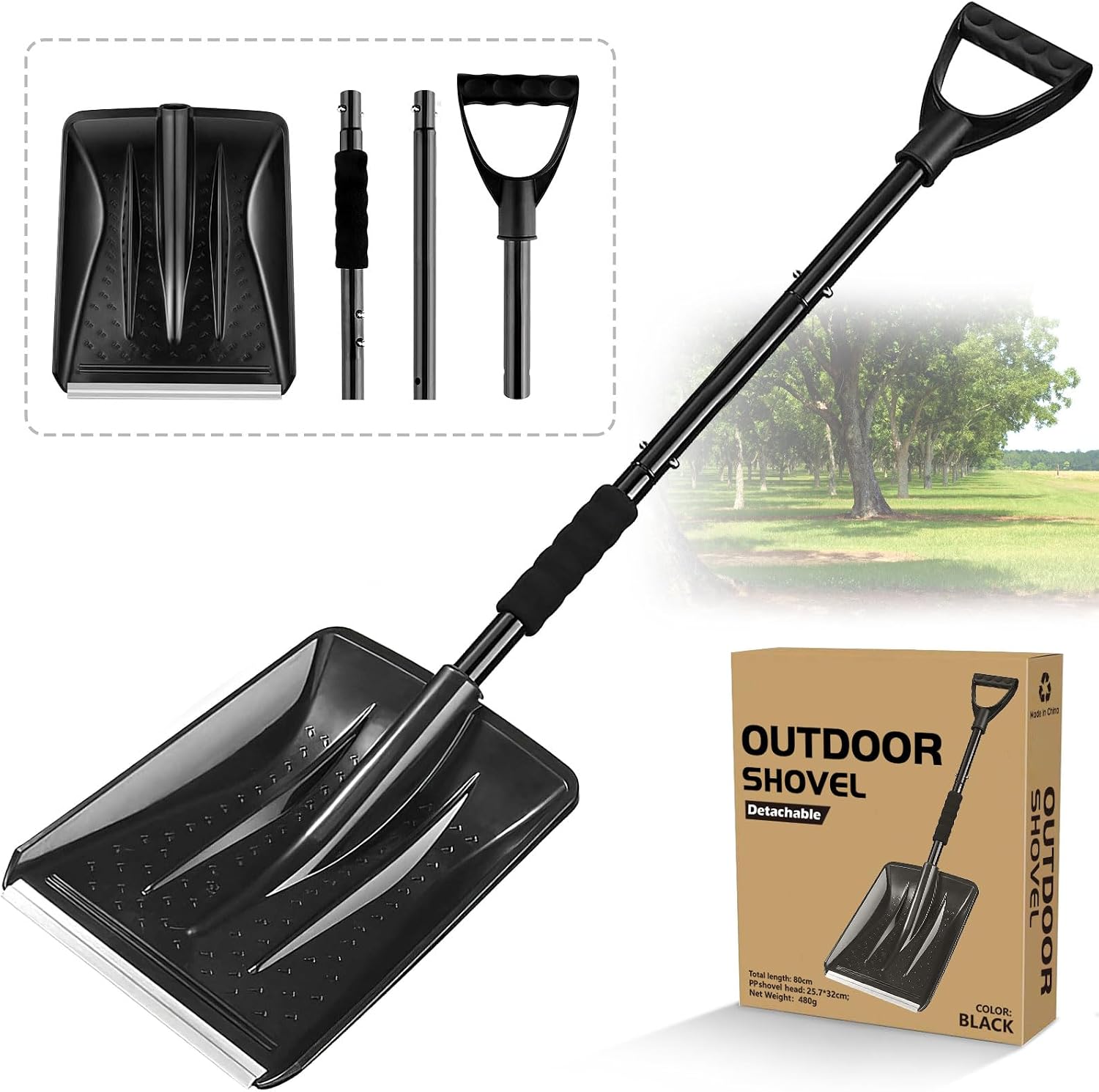 Pala Nieve, Carretilla Elevadora de Nieve de 108 cm, Diseño Desmontable de 4 Piezas, Pala de Nieve Ajustable Portátil Ligera, Gran Capacidad, Camping y Actividades al Aire Libre (Negro)
