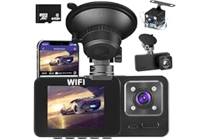 Aofesel 3 Caméras Lens Dashcam Voiture Avant Arrière avec WiFi, Carte SD 64G,1080P HD Camera Embarquée Voiture Dash Cam Voiture Grand Angle 170°,G-Capteur,WDR,Mode Parking,Enregistrement en Boucle
