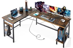 ODK Stół do gier z gniazdami i portem ładowania USB, biurko do gier z uchwytem procesora, biurko w kształcie litery L, biurko narożne do domowego biura (vintage brązowe, 168 × 120 cm)