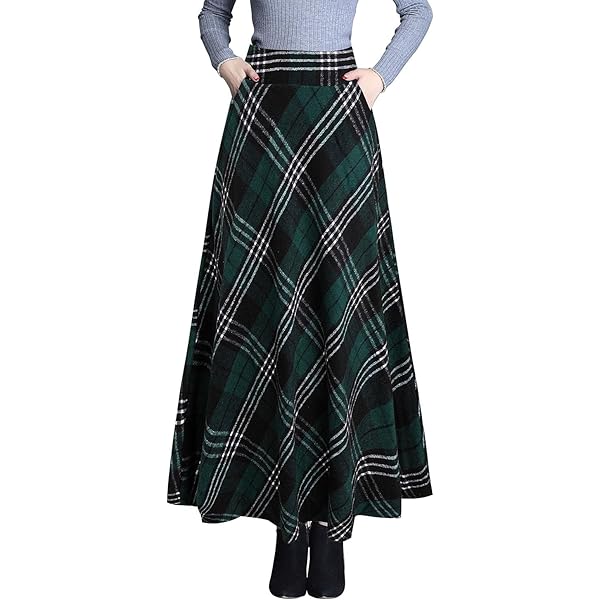 Gonna Scozzese Lunga Da Donna – Vita Alta Elasticizzata, Modello Curvy, Pieghe – Colore Rosso Tartan – Ideale Per Inverno