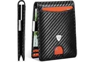 WONSEFOO Wallets Mens Slim RFID Blocking Carbon Fiber Leather for Men UK with up to 12 Credit Card Slots, Strong Money Clip, Minimalist Bi-Fold Gift Box - Black, 11.5 x 8.5 x 1.5 cm
