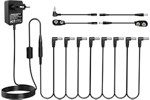 Asmuse Alimentation Chargeur Secteur Pedale Guitare Silencieux Prise EU 9V AC/DC 1A avec Câble de 8 Voies et Batterie Câbles pour Pédale d’Effet- Noir