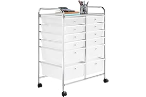 Yaheetech 12 Drawers Plastic Storage Cart, Multipurpose Mobile Organizer Unit with 4 Lockable Wheels, Utility Rolling Trolley for Home Office School Salon & Beauty, White