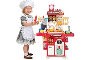 QIQUBOX Cocina Juguete Niños Set de Cocina en Miniatura con Fregadero de Spray y Iluminación Realista, Juego de Cocina Simulada para Niñas y Niños de 3 4 5 Años, Regalo (Rojo)