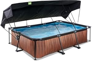 EXIT TOYS Wood Pool mit Sonnensegel - 300x200x65cm - Rechteckiger, Kompakter Rahmenpool mit Kartuschenfilterpumpe - Optimaler UV-Schutz - Leicht Zugänglich - Einzigartiges Design - Braun