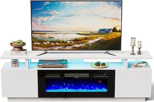 INMOZATA Electric Fire Insert TV Stand, 179cm Media Console Storage Table & 92cm Electric Fireplace with Remote Control, 12 LED Backlight, 12 Flame Colors, Temperature Adjustable, 900W&1800W-White