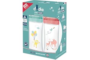 Dodie Set mit 2 Babyflaschen, Antikolik Sensation+ (2 x 330 ml), flacher Sauger, Fluss 3, BPA-frei, +6 Monate, Gelb, Grün und Rosa Luft