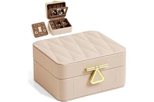 KAMIER Podróżny organizer na biżuterię, diamentowy pikowany skórzany organizer na biżuterię, małe pudełko na biżuterię dla kobiet, przenośne podróżne etui na biżuterię z lustrem, beżowe