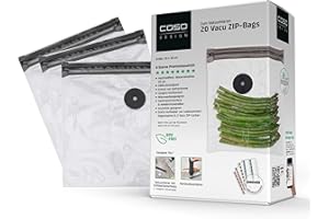 ‎CASO CASO Vacu ZIP-Bags 20x23 cm, 20 Beutel, SousVide geeignet, BPA Frei, mit 150 µm besonders stark, reißfest, wiederverwendbar, für CASO (Hand)-Vakuumierer mit ZIP-Adapter, inkl. Food Manager Sticker