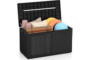 GIANTEX Pudełko ogrodowe 380 l, wodoszczelne, do ogrodu z pokrywką i 2 kółkami, pudełko na poduszki na balkon, taras i podwórko, 111 x 56 x 61 cm (czarna)