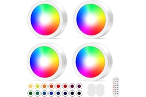 FOREPIN LED Puck Lights, RGB Wireless LED Closet Lights with Remote Control 16 Colors Battery Operated Powered Brightness Adjustable for Under Cabinet Party Cupboards Wardrobe Stairs Kitchen Hallway, 4 Pack