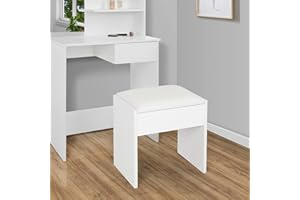 ECD Germany Taburete de Tocador 40 x 43 x 29,5 cm Blanco Asiento de Madera con Cojín Acolchado y Funda de Polipiel Silla Cómoda Tapizada Banqueta Auxiliar de Maquillaje Mueble Decorativo Elegante