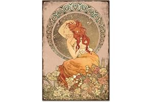 GLOBLELAND Plaque en Métal Vintage Mucha pour Cheveux Longs Femme Art Nouveau Beauté Entourée de Fleurs Plaque en Étain pour Femme, Décoration Murale Rétro pour Restaurants Bars Pubs 20x30cm