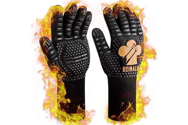 Reinalin Gants de Barbecue, Gants de Four Résistant à la Chaleur jusqu'à 500°C Gants de Gril de Cuisson en Silicone Antidérapants (L/XL/XXL, Gold)