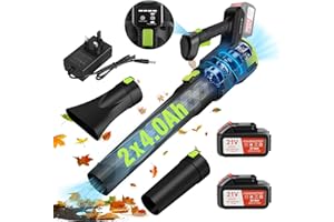 CHANGEMOORE 494CFM Brushless Cordless Leaf Blower with 2X4.0Ah Battery, Charger & 2 Nozzles, 21V Leaf Blower Cordless, 3-Speed Mode, Lightweight Battery Leaf Blower for Wet Leaves/Snow/Dust, Green