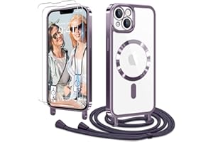 Ethanger Handykette für iPhone 13 iPhone 14 mit Band + 2 Stück Glas Schutzfolie Transparent Silikon Handyhülle Magnetische Schutzhülle zum Kordel für iPhone 13/14 Lila