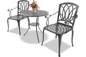 Homeology POSITANO Garden & Patio Table & 2 Large Chairs with Armrests Cast Aluminium Bistro Set Grey