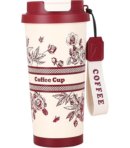 GJV Tasse Isotherme 532 Ml En Acier Inoxydable – Imprimé Floral Élégant, Anti-Fuite Avec Paille, Poignée Portable Et Couvercle Étanché – Parfait Pour Café, Thé Ou Eau