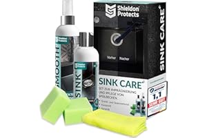 S SHIELDON PROTECTS Shieldon Protects 2er Set Reiniger (250 ml) & Imprägnat (200 ml) für Granitspülen - mit Schwämme und Mikrofasertuch - Reinigung & Wasserabweisende Imprägnierung für Granit Blanco Silgranit Spüle
