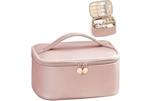 Prite Grand Trousse de Maquillage pour Femme Trousse de Toilette de Voyage Vanity en Cuir Imperméable avec Poignée et Séparateur Amovible (Rose)