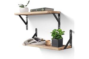 Étagère Murale, Uten Lot de 2 Etagere Murale en Bois Design Moderne, Longueur 42cm, Rustiques pour Cuisine, Salle de Bain, Salon, Bureau, Brun Clair