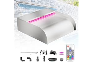Longrun 30cm Teich Wasserfall Set,304 Edelstahl Pool Wasserfall mit RGB LED und Fernbedienung, Breite 31cm
