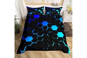 Manfei Children's 3D Honeycomb Duvet Cover Set, S Size, Neon Light Blue, Black, Hexagon Bedding Set, Boys Video Games Comforter Cover, Teens, Modern Fashion, Geometry Quilt Cover, 1 Pillowcase