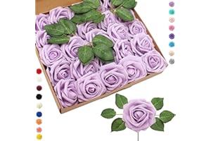 COSORO 25 pièces Fleurs Artificielles Roses Artificielles Violet Clair,Mousse Faux Roses avec Tiges Décoration Florale pour Anniversaire Mariage Gâteau Fête Jardin Artisanat Douche Nuptiale Saint Valentin