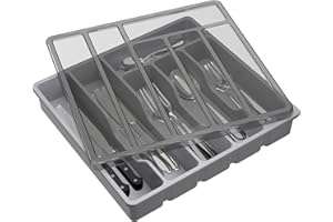 Lifewit Portaposate con Coperchio, Contenitore Porta Posate da Cassetto per Cucina, Organizer in Plastica per Cassetto per Cucchiai, Forchette, Coltelli, 6 Scomparti, Grigio