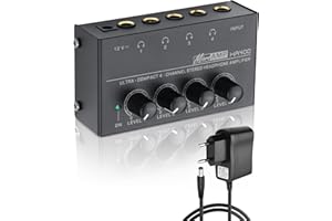 SinLoon HA400 4-Kanal Stereo Kopfhörerverstärker, Metall Mini Audio Splitter mit unabhängiger Lautstärkeregelung, 1/4" TRS Ausgang & Eingang, mit 12V Adapter für Studio, Bühne, PC, Gitarre