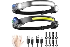 LXTROS Head Torch Rechargeable, 2-Pack Super Bright 300° Wide Beam & 270° Adjustable Spotlight LED Headtorch, 8 Modes Motion Sensor, Waterproof Lightweight Hands-Free Headlamp for Running Camping Fishing